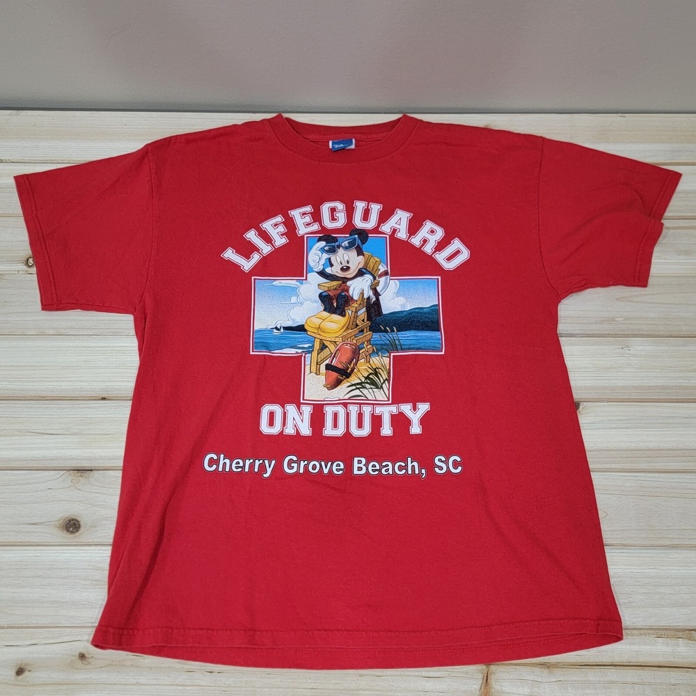 Disney Mickey Mouse T Shirt Life Guard On Duty Red Cherry Grove Beach SC Size L